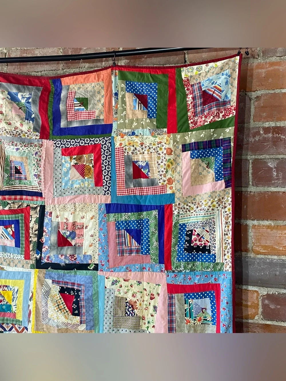Vintage Log Cabin Tie Quilt 66” x 78” Feed Sack